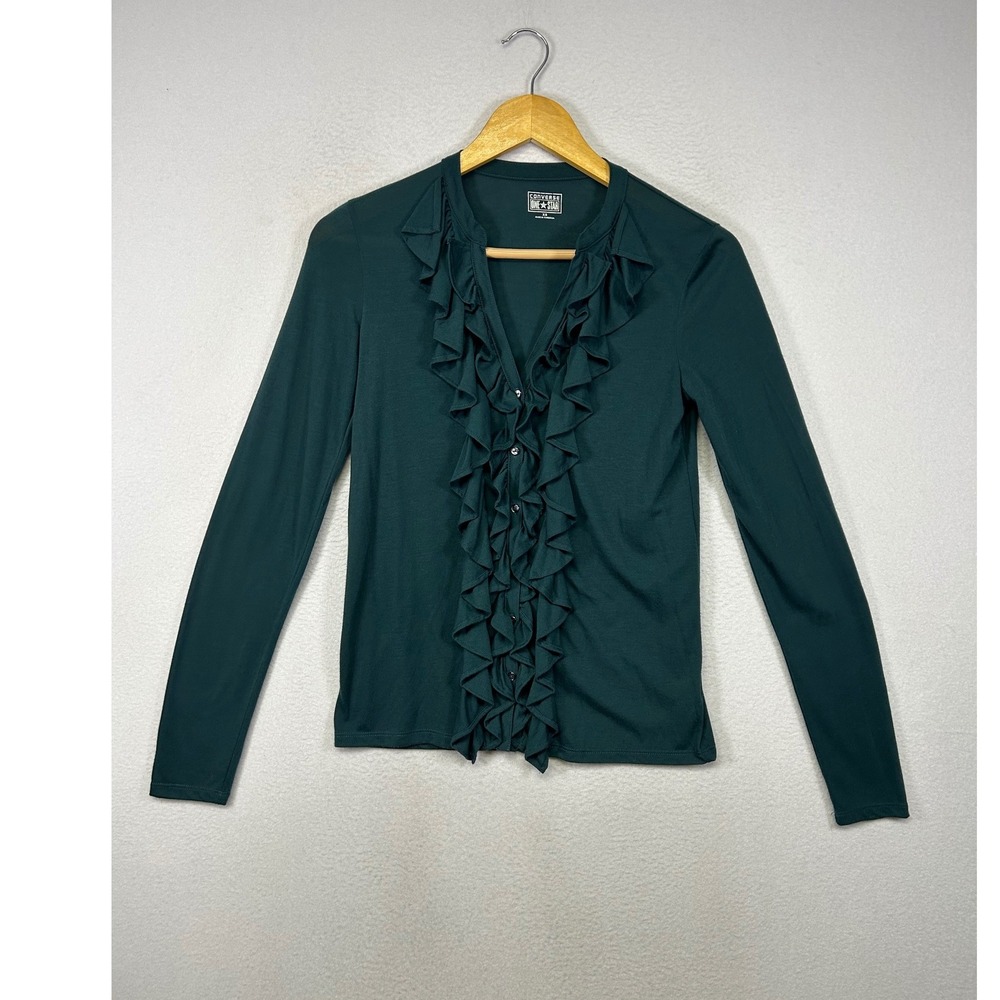 Dark Academia Converse One Star Women XS Green Ruffle Front Long Sleeve Knit Top